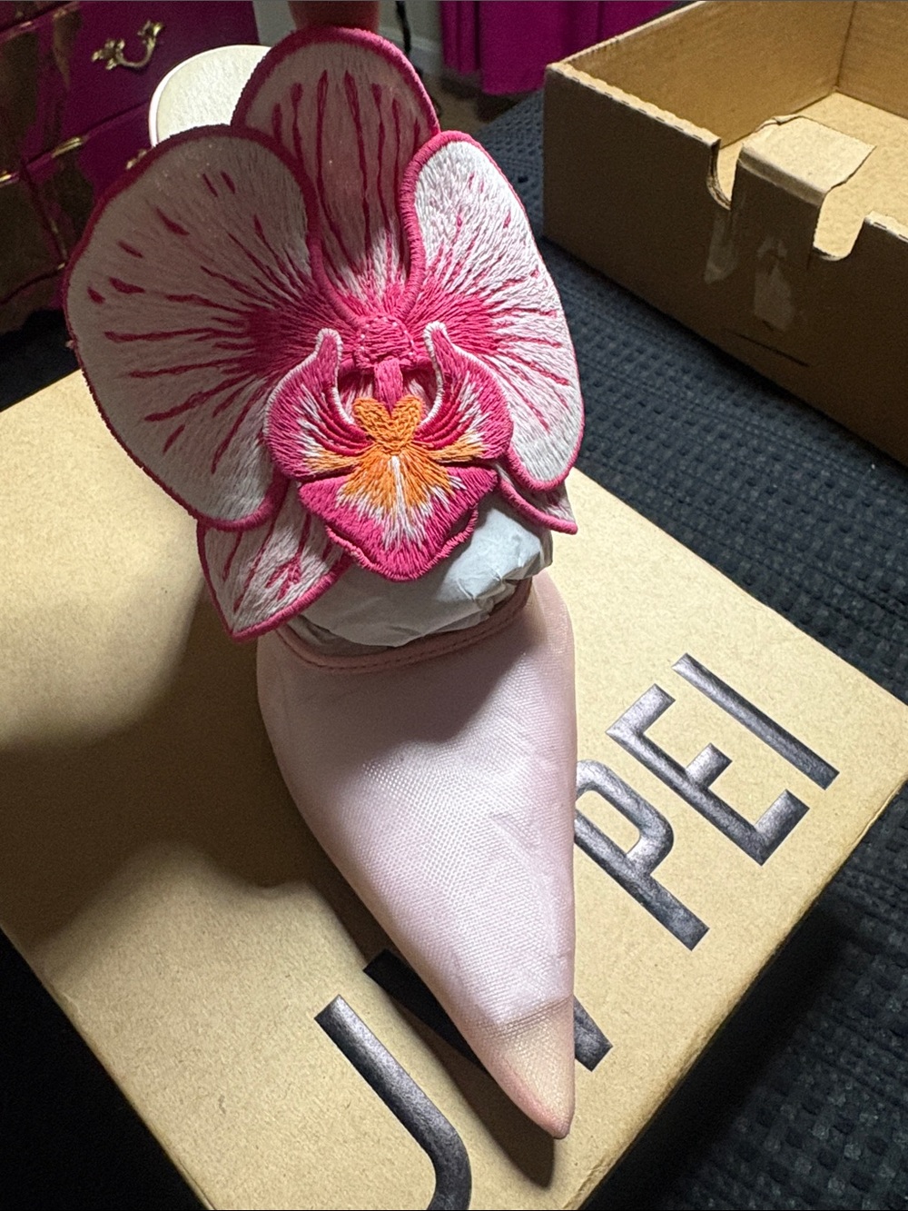 JW PEI Pink Floral Embroidered Pointed Toe Mule